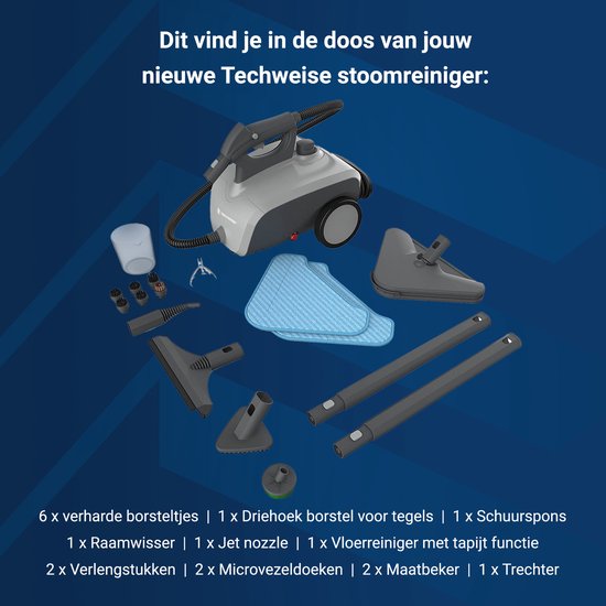 Techweise 16-in-1 Steam Cleaner - 45 minutes de vapeur - 4 bars - Nettoyeur de tapis - Machine à nettoyer - Nettoyeur de taches