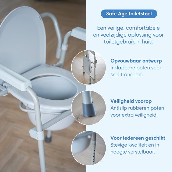 Safe Age® Toilet Chair 3-in-1 - pliable et réglable en hauteur - rehausseur de toilettes et chaise postale avec seau - jusqu'à 160 kg - pour les personnes âgées et le rétablissement - po chair - toilet chair