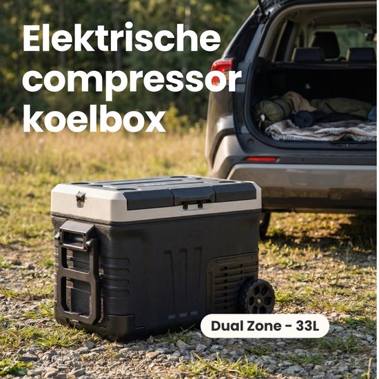 Auronic Electric Cool Box - Compresseur - 2 Zones - 33L - 12/24V et 240V - Réfrigération et congélation - Réfrigérateur de camping - Frigobox Auto - Avec roues et poignée - Noir