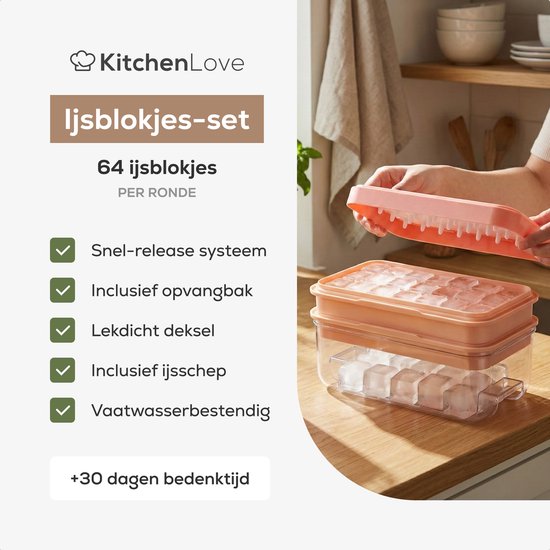 KitchenLove Machine à glaçons - Moule à glaçons avec couvercle et pelle à glace - 64 glaçons