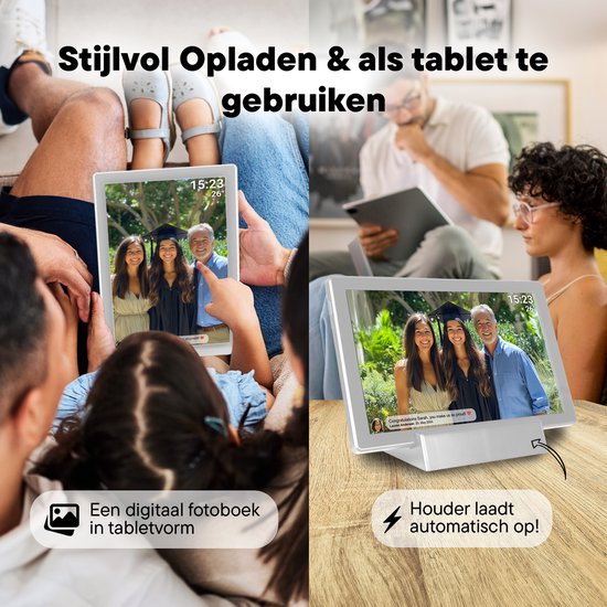 Cadre photo numérique Denver 10,1 pouces - Sans fil - Station de charge incluse - HD - Frameo App - Cadre photo - WiFi - Écran tactile IPS - 16 Go - PFF1070W
