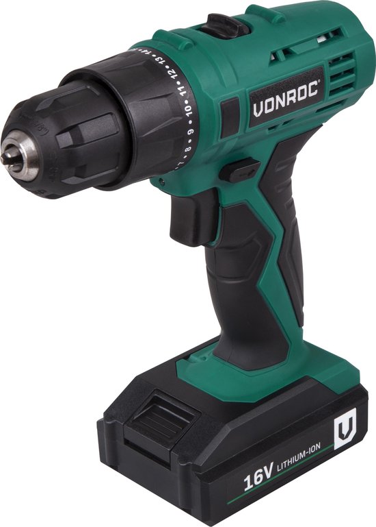 VONROC Perceuse sans fil - 16V - 1.5Ah - Batterie, chargeur rapide, 2 embouts de vissage et sac de rangement inclus