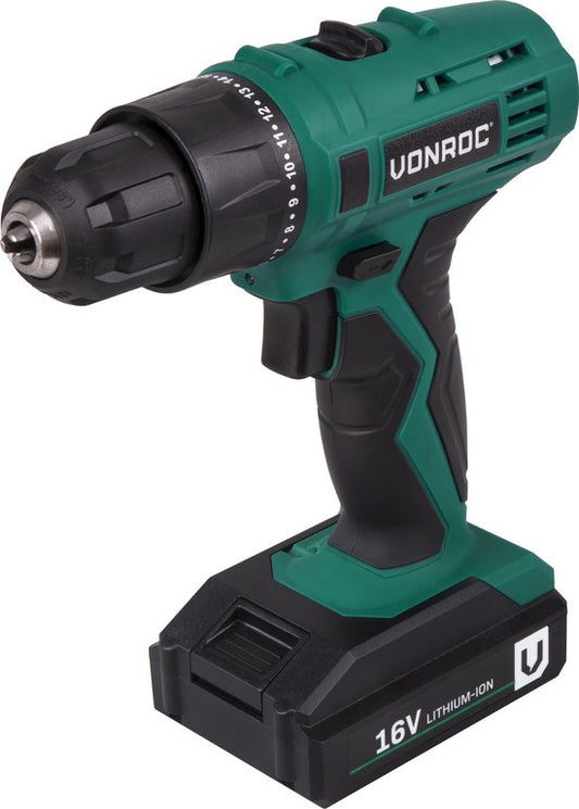 VONROC Perceuse sans fil - 16V - 1.5Ah - Batterie, chargeur rapide, 2 embouts de vissage et sac de rangement inclus
