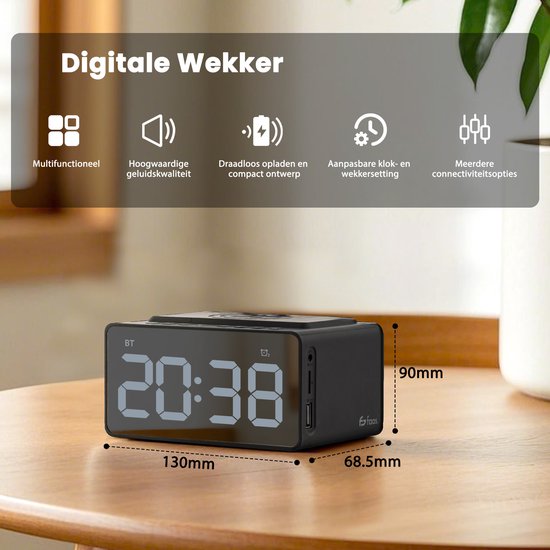 Réveil numérique - avec radio, Bluetooth et chargeur sans fil - Réveil radio - Fonction Snooze - Noir - by Faas
