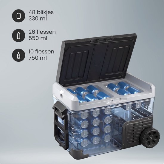 Auronic Electric Cool Box - Compresseur - 2 Zones - 33L - 12/24V et 240V - Réfrigération et congélation - Réfrigérateur de camping - Frigobox Auto - Avec roues et poignée - Noir