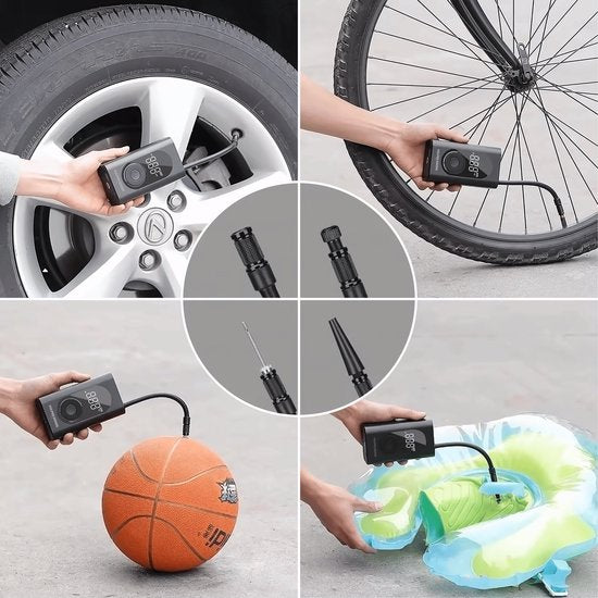 Vulpes Goods® Tech - Pompe à pneu portable à compresseur - 6400mAh - Pompe électrique pour vélo - Compresseur d'air pour voiture, scooter, vélo, ballon et matelas pneumatique - 7 accessoires inclus - Lampe de poche - Powerbank - PRO