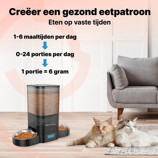 Jake and Jacky Automatic Feeder Cat and Dog - 5 Litres - Includes 2 Stainless Steel feeders & 2 Slow feeders - Feeding Dispenser & Anti-Snack Bin - Food Dispenser - Feeder for Cats & Dogs - Black