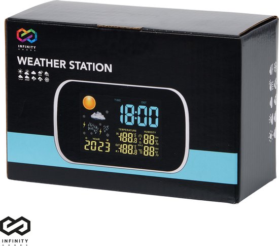 Infinity Goods Station météo - Prévisions météo - Hygromètre - Intérieur et extérieur - Température - Humidité - Capteur extérieur sans fil - Portée 100M - Noir