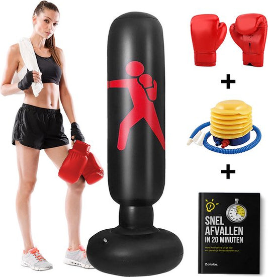 Zoluko sac de boxe gonflable sur pied - Gants de boxe, pompe à pied et livre électronique inclus - Intérieur et extérieur - Pour adultes et enfants - sac de boxe sur pied - sac de boxe sur pied - ballon de boxe sur pied - set de boxe pour enfants - bâton
