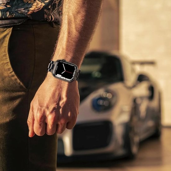 Podec Smartwatch - Bracelet en acier inoxydable noir - Convient à l'Apple Watch - Bracelet adapté à l'iWatch 42 / 44 / 45 / 49 mm - Convient aux séries 1/2/3/4/5/6/7/SE