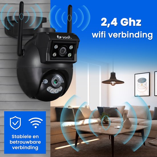 Caméra de sécurité extérieure - 2 pièces - Wifi et 256GB - Caméra extérieure avec vision nocturne - Double objectif - Noir - par Saaf