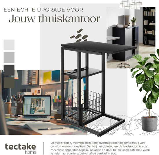 tectake® Table pour ordinateur portable avec station de charge - Prise de courant incluse - Table pour ordinateur en forme de C - Table d'appoint - Table de chevet - Avec porte-journaux et étagère supplémentaire - Noir