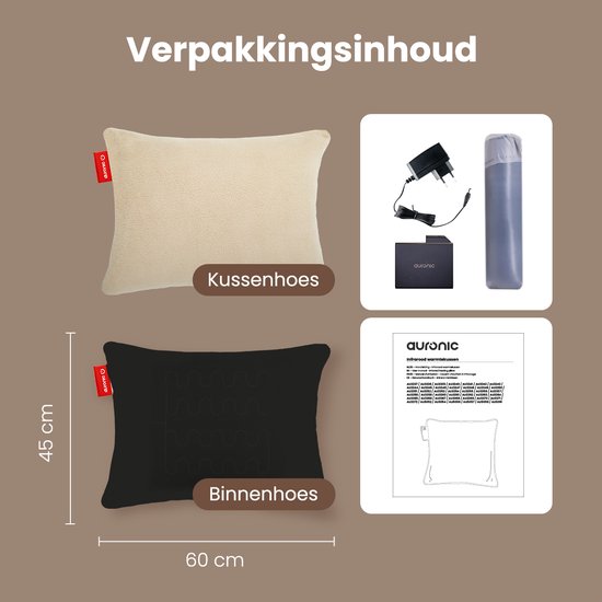 Auronic Heat Pillow - Sherpa Fleece - 45x60 - Sans fil - Rechargeable - Oreiller électrique - Infrarouge - Beige
