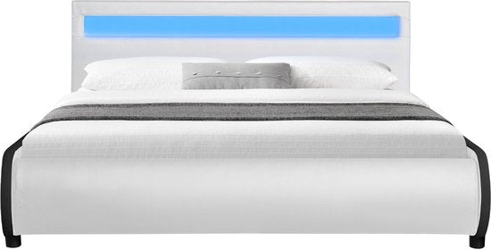 Juskys Lit capitonné Seville - 140 x 200 cm - Blanc - Eclairage LED
