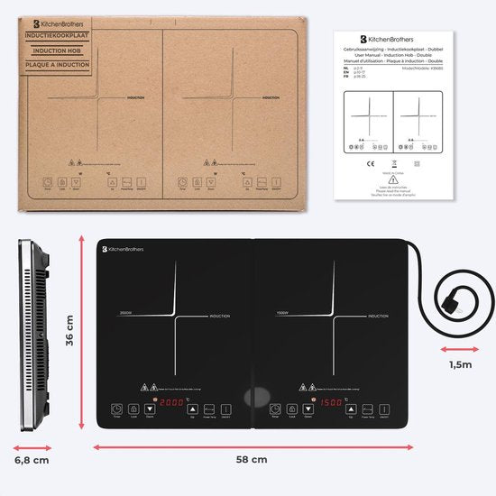 Plaque induction - KitchenBrothers - Table de cuisson transportable - 2 brûleurs - pose libre - 1500W + 2000W - acier inoxydable