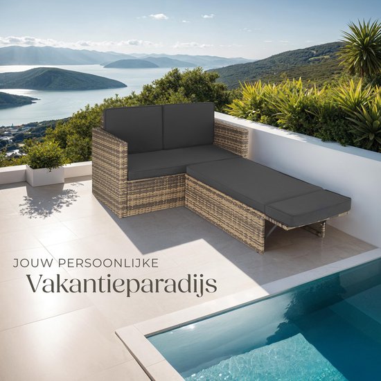 tectake® Canapé de salon en osier - Avec ottoman - Pour 2 personnes - Canapé de salon avec coussins d'assise et de dossier - Résistant aux intempéries - Idéal pour terrasse, jardin d'hiver et balcon - Dimensions canapé (LxLxH) 119 x 64,5 x 71,5 cm - Natur