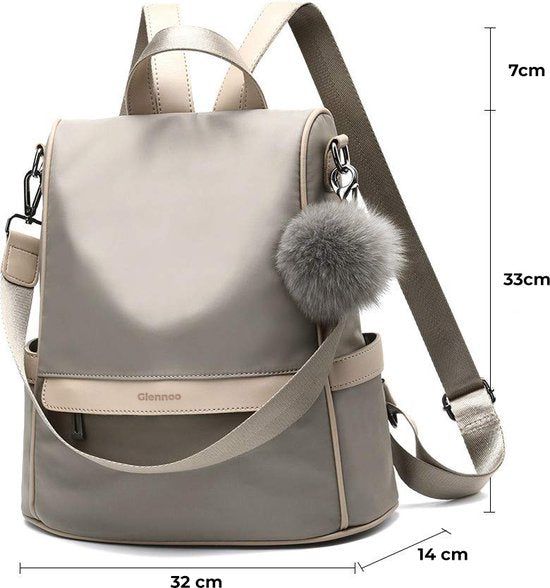 Sac à dos antivol - Sac à dos femmes - Imperméable - Petit - Sac à dos antivol - Dos, Epaule, Sac à main en un - Nylon - avec sangle réglable - Beige - Glennoo
