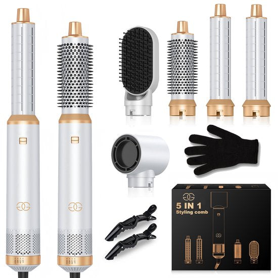 Golden Goods Multistyler 5 en 1 - Brosse à cheveux, lisseur et fer à friser - 5 accessoires - 3 niveaux de chaleur jusqu'à 100ºC - Dernier modèle 2025 - Comprend des pinces à cheveux et un gant résistant à la chaleur