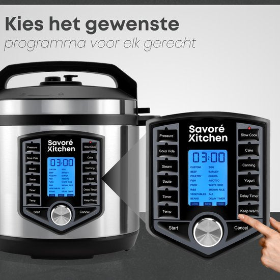 Savoré Kitchen Autocuiseur - 6L - Sans PFAS - Autocuiseur, rice cooker, slow cooker, steamer & sous-vide en un - Multicooker
