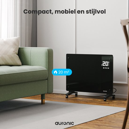 Auronic Electric Heater - Convector Heater with Thermostat and Remote Control - Glass Panel Heater - 1500W Heater - Black