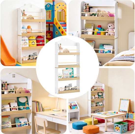 SoBuy KMB121-WN Bibliothèque pour enfants, 4 niveaux, meubles, jouets, bibliothèque, meuble de rangement, étagère, chambre, blanc/naturel, 60 x 15 x 130,5 cm