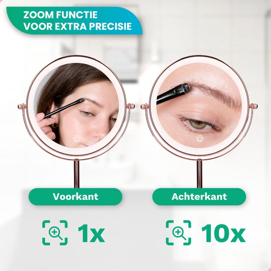 Mirlux Miroir de maquillage avec éclairage LED - lumière grossissante 10x - miroir de rasage petit sur pied - 3 niveaux d'éclairage - rechargeable - miroir grossissant rose or