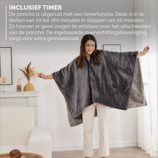 BREND BR-2220 Couverture électrique et Poncho - Sherpa et Flanelle Plaid - Cape de chaleur - 160 x 130 cm - 9 réglages de température - Anthracite