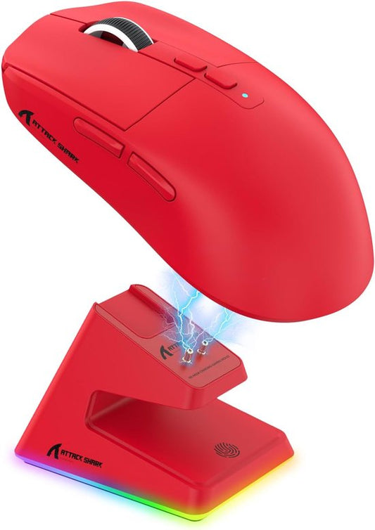 ATTACK SHARK X6 Wireless Gaming Mouse - RGB Charging Dock - Wired/2.4G/BT5.4 - Lightweight 56G - PAW3395 - 26000DPI - Rouge