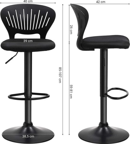 SONGMICS Tabouret de bar, ensemble de 2, tabouret de bar réglable en hauteur avec dossier couronné, pivotant à 360°, siège rembourré confortable, cuisine, bar, noir LJB04BK