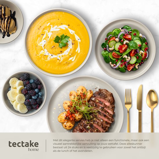tectake® Service de vaisselle Una - 24 pièces - Faïence - 6 personnes - Service de vaisselle élégant et durable - Ensemble d'assiettes avec grandes et petites assiettes, bols, coupes - Taupe
