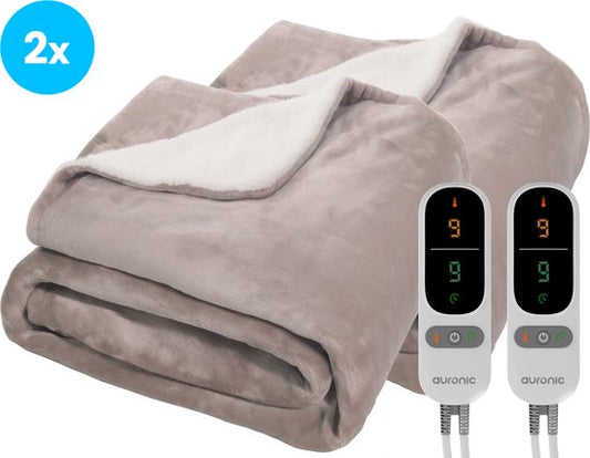 Couverture électrique Auronic - Duo Pack - Couverture chauffante - Polaire Sherpa - 9 niveaux de chaleur - 180x130 - 1 personne - Taupe