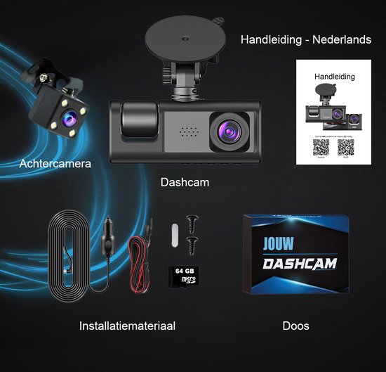 Tech Essentials® Dual Dashcam S1-Wifi pour voiture - Avec caméra arrière universelle - Full HD - Avec carte Micro SD 64GB - Avec vision nocturne - APP | Avant et arrière
