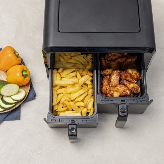 Princess Double Basket Airfryer 182068 - Double Airfryer - 8 litres - 2 paniers - XXL - 8 programmes - 2400W - Double friteuse à air chaud - Ecran tactile - Noir - 80°C à 220°C - Fonction Sync