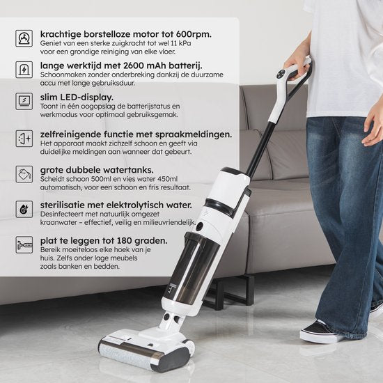 Saaf Floor Cleaner M200 - Batterie 45 min - Balai électrique - Balai à franges avec fonction balayage - Station d'affichage et de nettoyage - Stérilisation à l'eau - Blanc