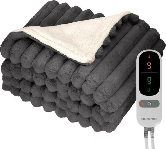 Couverture électrique Auronic - 200 x 180cm - 2 personnes - Couverture chauffante - 3 niveaux de chaleur - Peluche - couverture chauffante - Anthracite