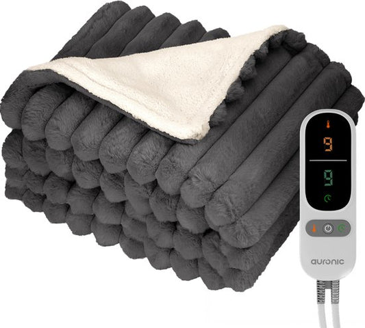 Couverture électrique Auronic - 200 x 180cm - 2 personnes - Couverture chauffante - 3 niveaux de chaleur - Peluche - couverture chauffante - Anthracite