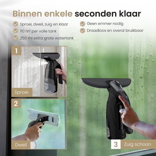 Vapore Electric Window Cleaner - Incl. Soaper - Window Wiper with Built-in Spray Function - Window Washer - Window Squeegee - Window Vacuum Cleaner - Incl. Microfiber Cloth - Black