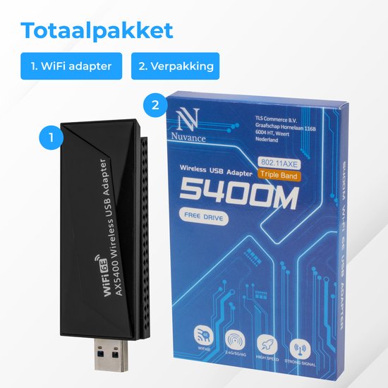 Nuvance - Adaptateur WiFi USB - Dongle WiFi - Convient à Windows - 2402 Mbps - Antenne WiFi - WiFi6E