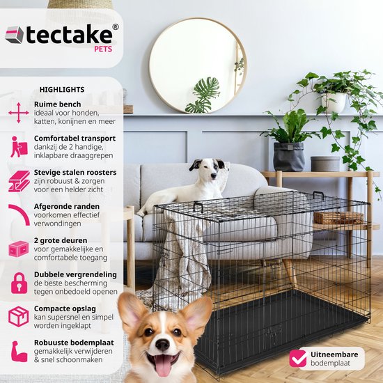 tectake® Dog Cage - Dog Fence Box - Dog Kennel - Boîte à chien pliable - Boîte de transport stable pour chiens et chiots - Pour le coffre, la voiture, le camping et la maison - 121.5 x 75.5 x 80.5 cm