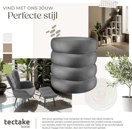 tectake® Tabouret avec rangement - Tabouret scandinave en tissu velours - Tabouret rond rembourré pour coiffeuse, chambre, salon ou comme meuble d'entrée - Tabouret de rangement - gris