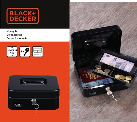 Black & Decker Tirelire avec 2 clés - noir - acier - monnayeur - 20 x 16 x 9 cm - coffre-fort anti-effraction