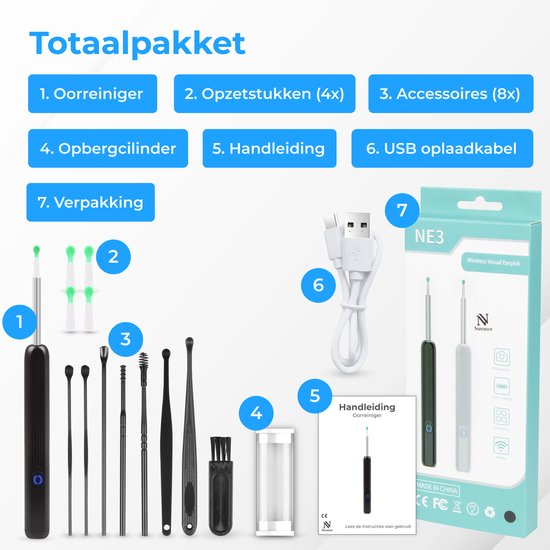 Nuvance - Extracteur de cérumen avec application caméra - Nettoyeur d'oreilles - Set de nettoyage d'oreilles - Pulvérisateur d'oreilles - Earscratcher - Set de nettoyage inclus