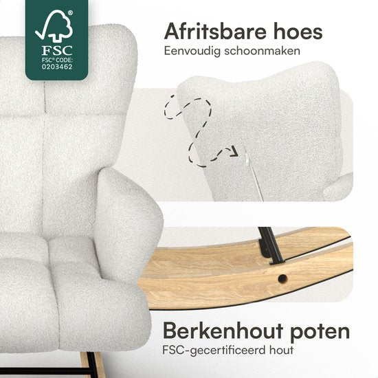 Flowsense Rocking Chair Teddy White - Rocking Chair Adultes Bébé - Chaise d'allaitement Chambre de Bébé - Fauteuil avec accoudoir Design - Fauteuil Relax - Recliner