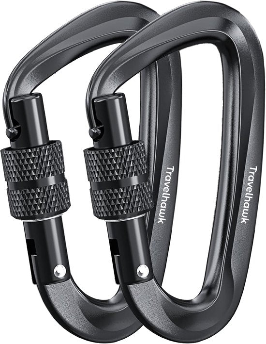 Mousqueton Travelhawk - Crochet mousqueton avec fermeture à vis - Porte-clés mousqueton - Aluminium - Noir