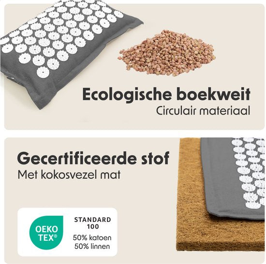 LifeGoods Acupressure Mat Eco - Set complet - oreiller / sac de transport / 2x Trigger Point Ball - Shakti mat - Nail Mat - 72x43x2cm - Gris/Blanc