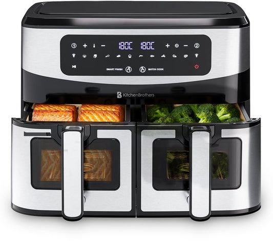 KitchenBrothers Double Airfryer - 2400W - Dual Zone - 9L - Friteuse à air chaud - Airfryer XXL - 2 x 4.5L - 10 Programmes de cuisson - inox/noir