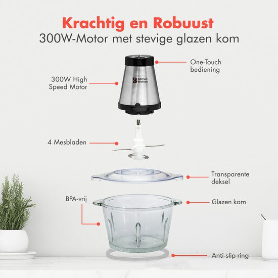 KitchenBrothers Chopper - Hachoir électrique - 2 vitesses - 300W - 1.8L - Bol en verre