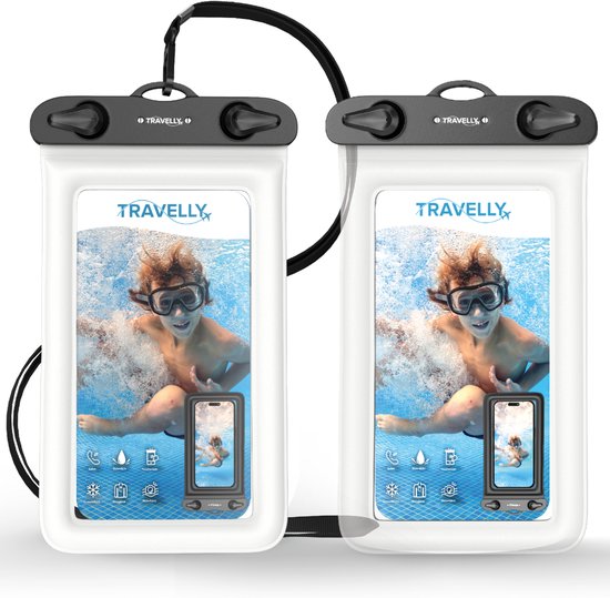 Travelly® Waterproof Phone Case Set of 2 - Universal Underwater Case for Smartphone - Convient à tous les téléphones - Drybag - Pour les vacances, la natation et les sports nautiques - Transparent/Blanc