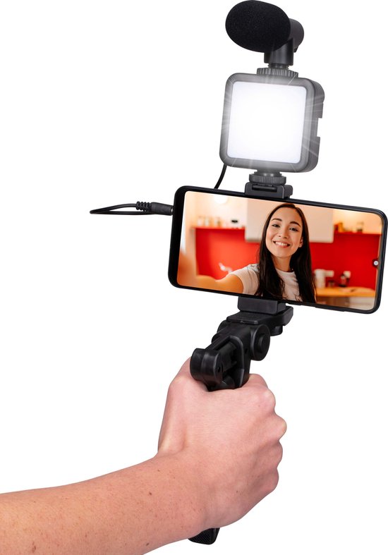 Grundig Phone Tripod with Lamp - Trépied pour téléphone avec microphone - LED avec 3 réglages de couleur - téléphones 53 à 84MM - Table Top et Selfie Stick - Plastique - Noir