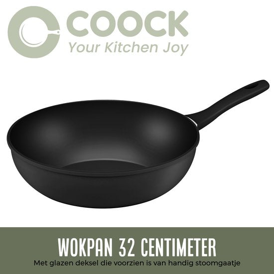 COOCK Poêle Wok Induction 32cm - Revêtement spécial antiadhésif - Poêle à frire avec couvercle - Aluminium recyclé - Noir - Livré avec E-book